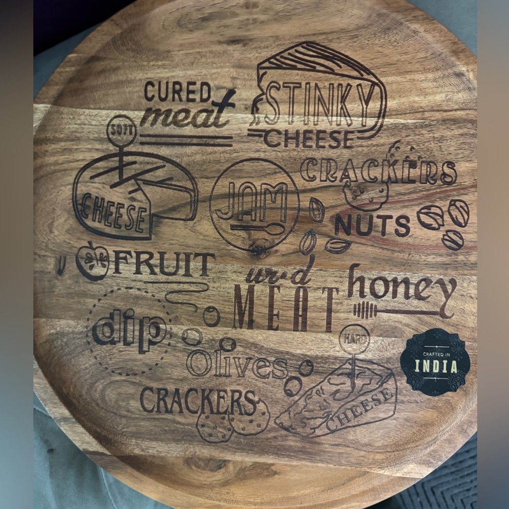Large Round Wooden Lazy Susan Serving Platter with engraving of cheese NWT